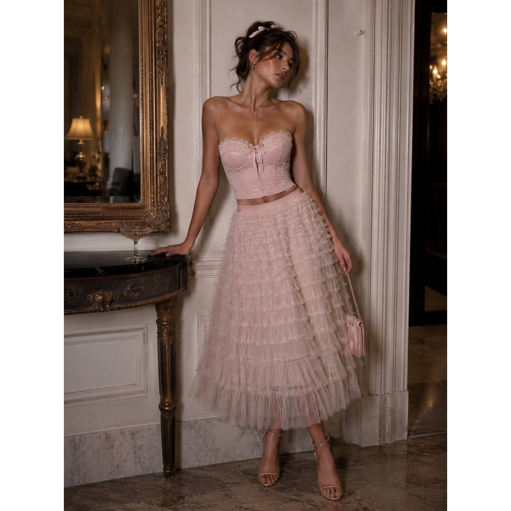 Tulle Ruffle Maxi Skirt Womens XL Blush Nude Tiered Mesh Whimsical Romantic Soft - Picture 2 of 8